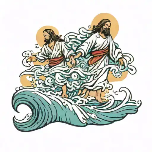 Jesus And Peter Walking On Water Waves