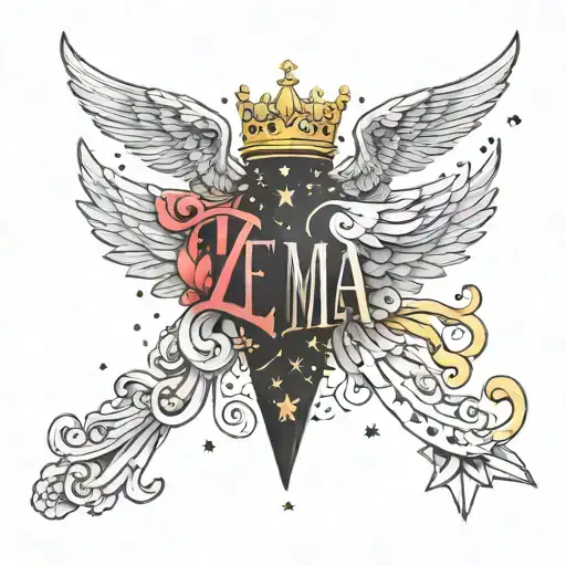 The Letters Zema With Angel Wings And A Crown Above With A Constellation In The Background