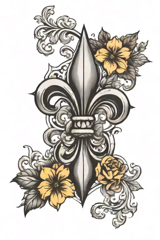 Black And White Shaded Fleur De Lis With Flowers