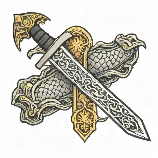 A Medieval Sword With Dragon Scales On The Cross Guard Of The Sword
