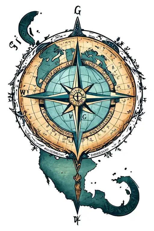 World Map Compass Rose With Intricate