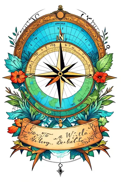 World Map Compass Rose With Intricate Floral Patterns