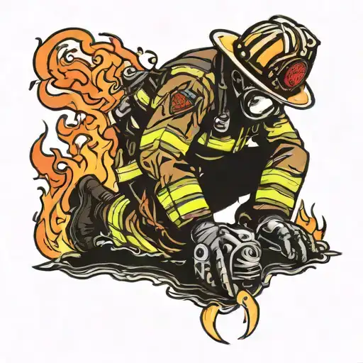 Fire Fighter Taking A Knee Surounded By A Flame