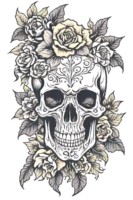 Gothic Skull And Flowers Blooming