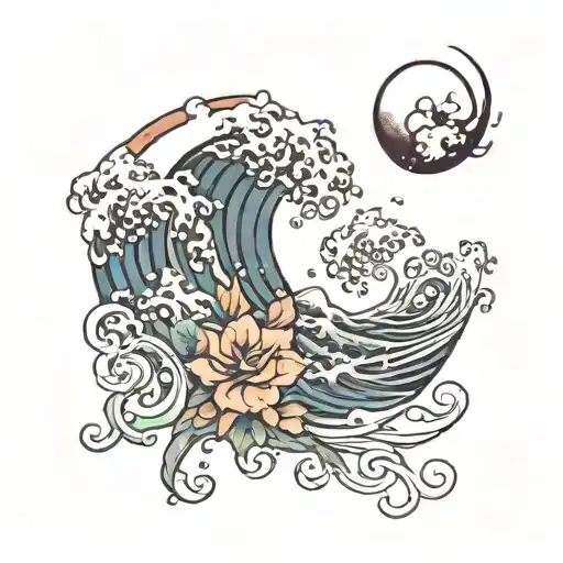 Wave And Moon Tattoo Made With Flowers