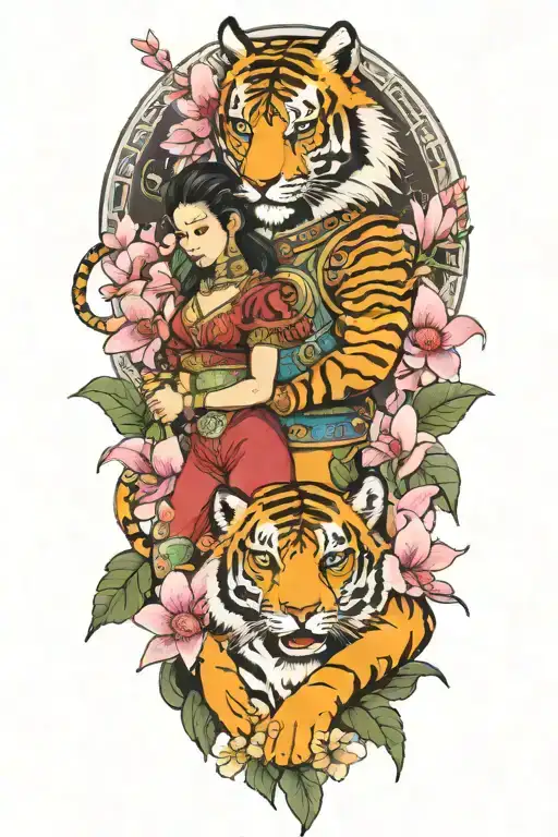 A Female Warrior With A Tiger Companion Surrounded By Orchids And Lotus Flowers