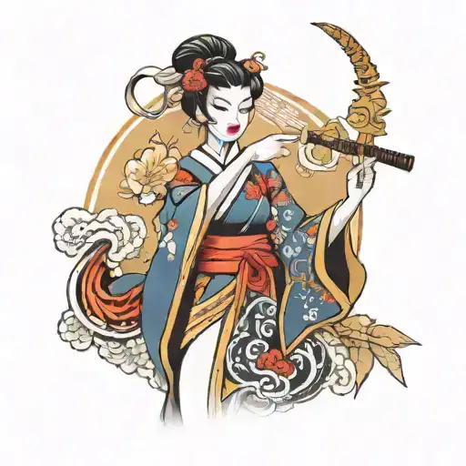 Strength And Beauty Portrayed Through A Kitana Wielding Geisha With Ornamental Patterns