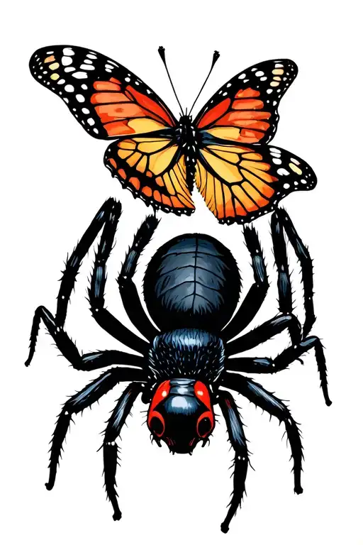 Black Widow Spider Eats A Butterfly