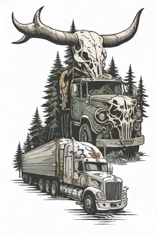 Truck Driving In The Forest Landscape Western Bull Skull