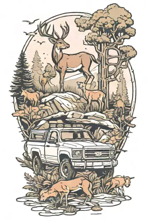 Pick Up Truck In The Forest With Wildlife Antelope Standing