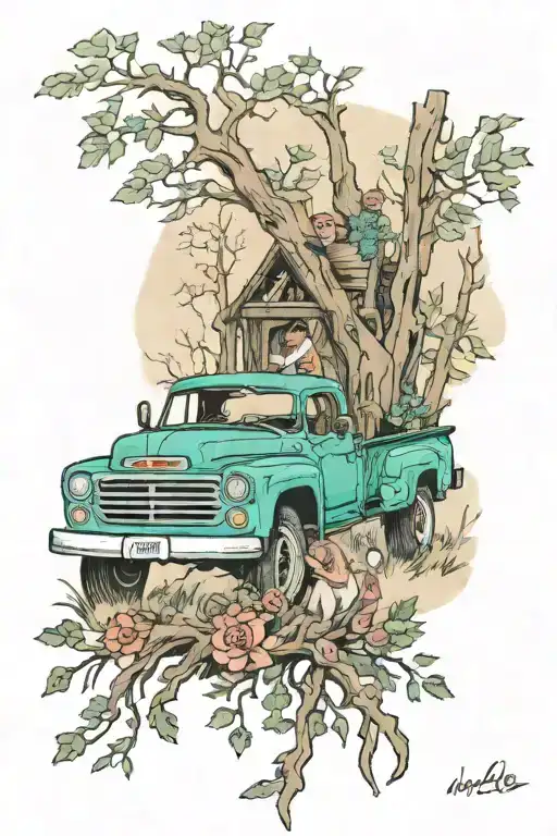 Pick Up Truck In The Woods With Wife And 2 Daughters