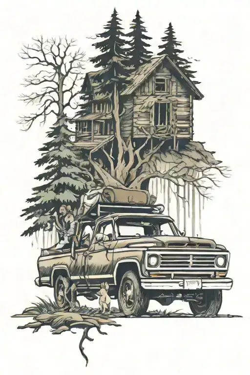 Pick Up Truck In The Woods With Family And Dog