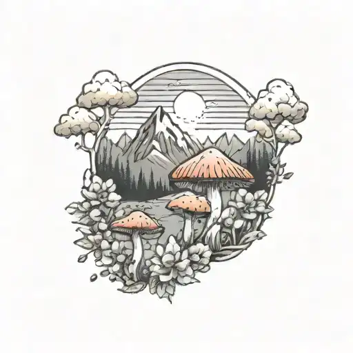 Mountains With Sun Mushrooms And Flowers