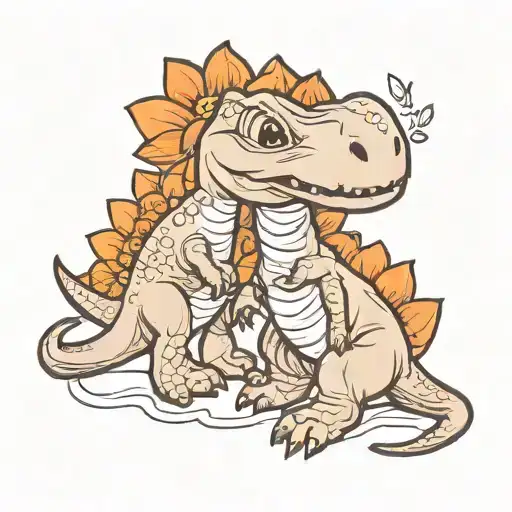 Cute Two Baby Dinosaurs Outline With Mom