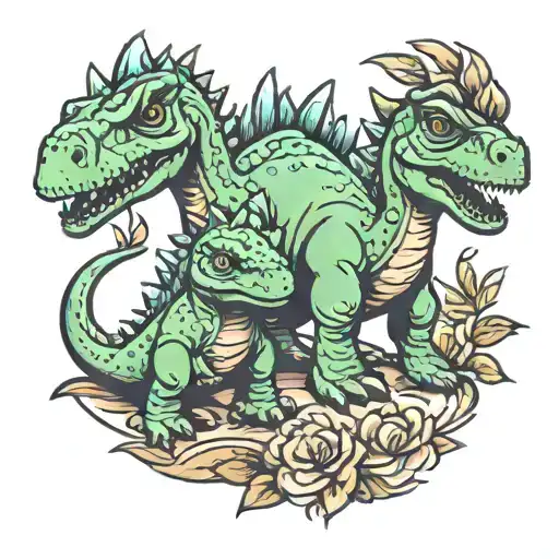 Cute Two Baby Dinosaurs Single Outline With Mom Dinosaur