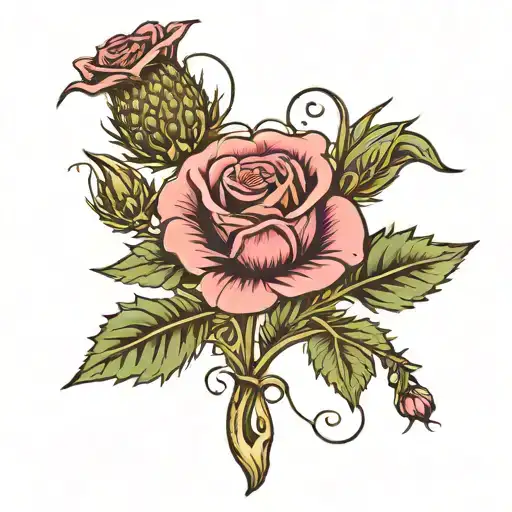 Scottish Thistle And Rose Entwined With Two Rose Buds
