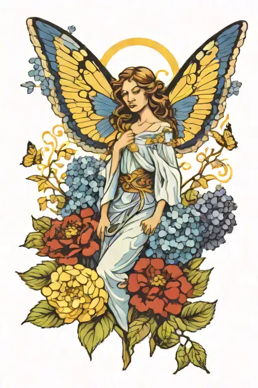 Female Angel Standing In A Field Of Blue Hydrangeas Surrounded By Yellow Butterflie