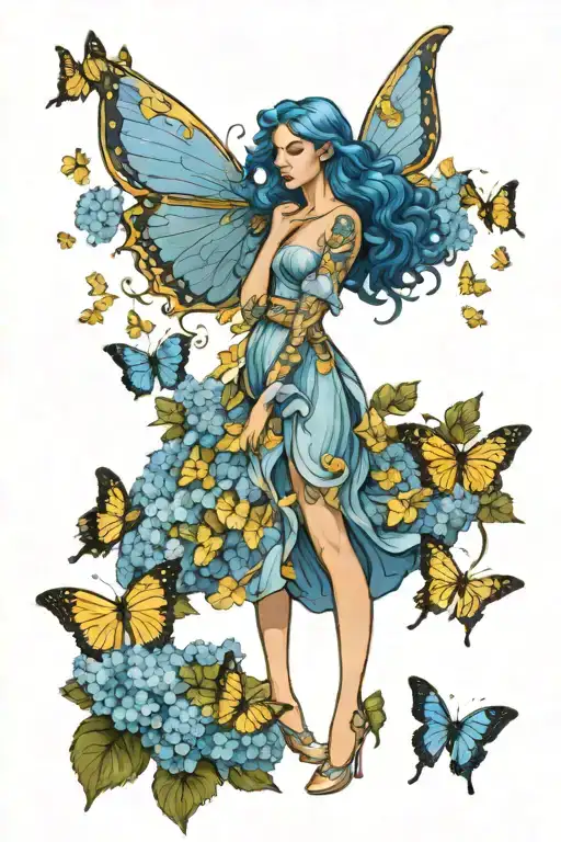 Female Angel Standing In Blue Hydrangeas Surrounded By Yellow Butterflies