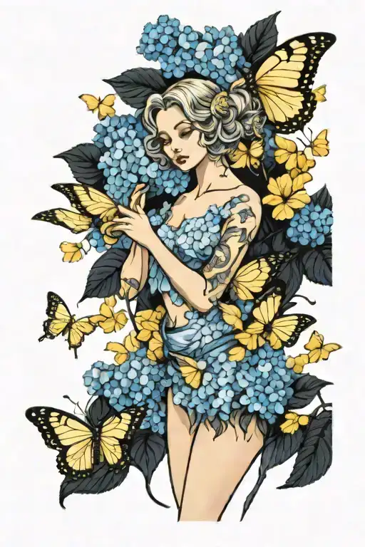 Female Angel Standing In Blue Hydrangeas Surrounded By Yellow Butterflies
