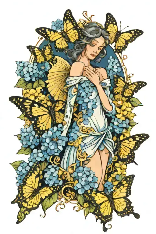 Female Angel Standing In A Field Of Blue Hydrangeas Surrounded By Yellow Butterflies