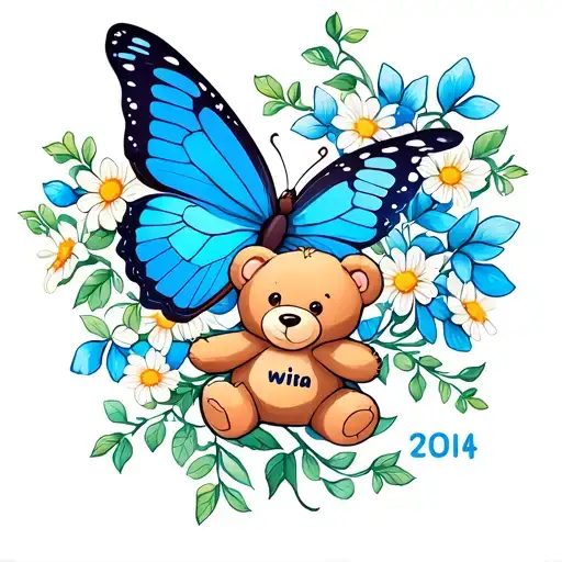 A Vine Of Flowers With A Blue Butterfly Flying To A Teddy Bear Wiii To The Words 2014 On It