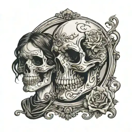 Skull Doing Cocain In Front Of A Mirror With A Beautiful Woman In The Reflection