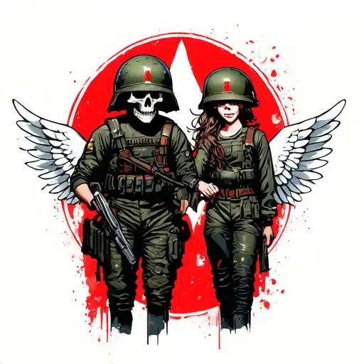 Modern Soldier Uniform Helmet With Skull Protecting Boy And Girl With White And Red Wings