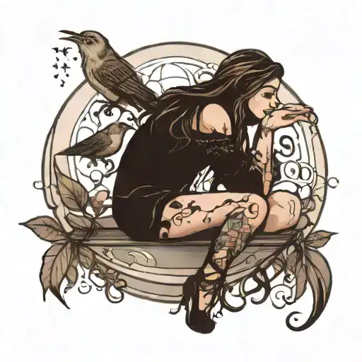 Moons And Bird Sitting Alone Girl Looking