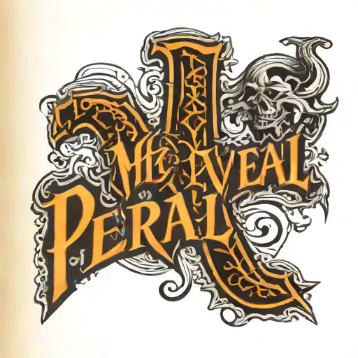 Mid Evil Font That Says Pereal On Side Of Right Leg