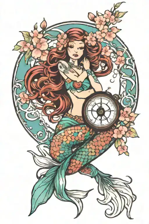 Cherry Blossoms Under Water Mermaid Holding A Compass