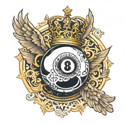 An Intricately Detailed 8 Ball With A Golden Crown On Top With Wings Behind
