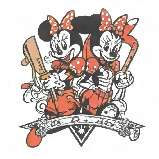 Minnie Mouse And Harley Quinn With Baseball Bat Intertwined