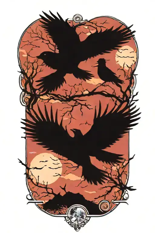 Crows Flying Towards The Half Moon Merging Together