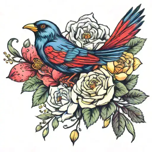 4 Birth Flower Bouquet Tattoo With A Red Bird