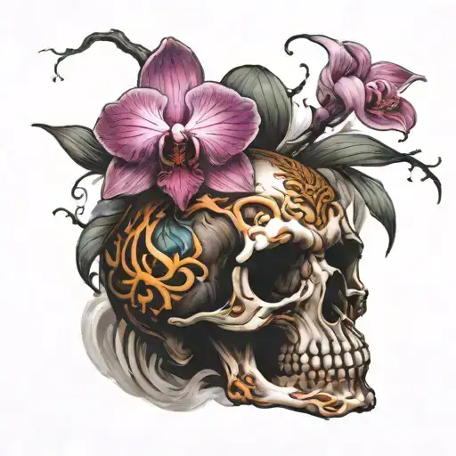 Orchid Flower Blooming Skull With Smoke Rising