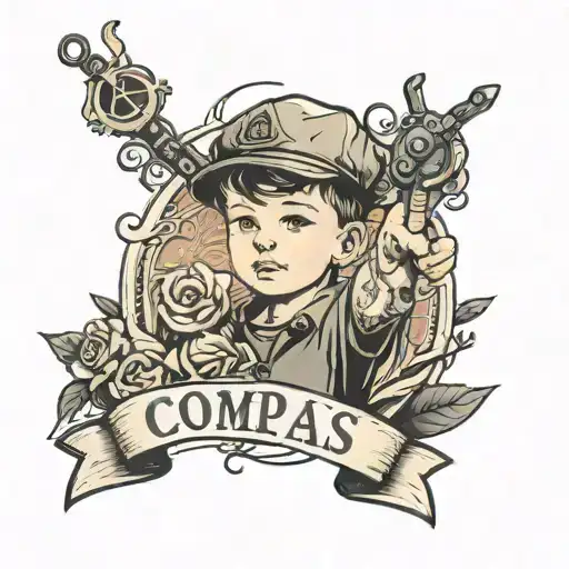 Little Boy With Compas Pointing To His Name Rose Background