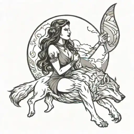 Warior Women With Wolf Howling At The Moon Phase