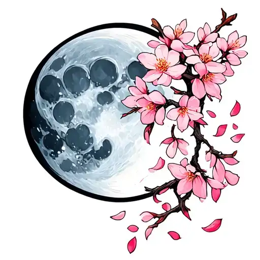 Full Moon And Cherry Blossom Petals Falling