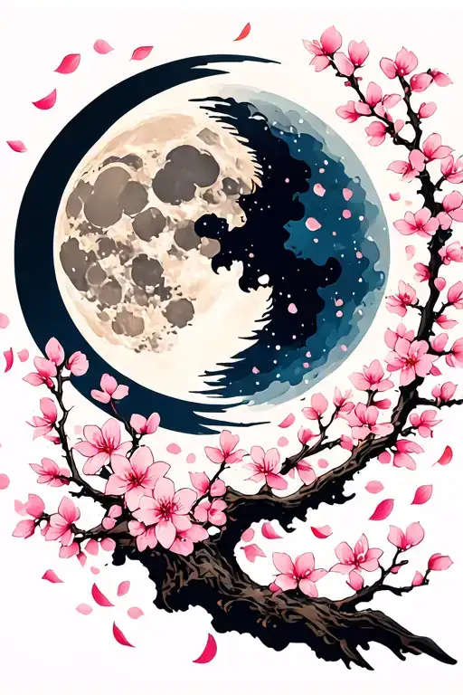 Full Moon And Cherry Blossom Petals Falling