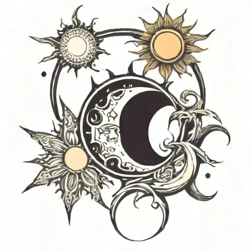 Sun On Forground And Moon On The Background 2 Stars Around It