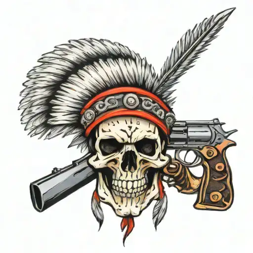 Police Themed Skull With Indian Headdress Incorporating Badge And Guns