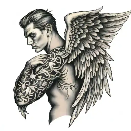 Mascular Angel Tattoo On Men Back Tattoo One Side View