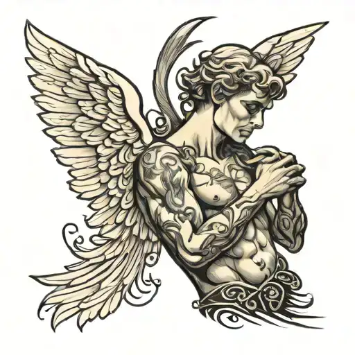 Mascular Angel Tattoo On Men Back Tattoo One Side View