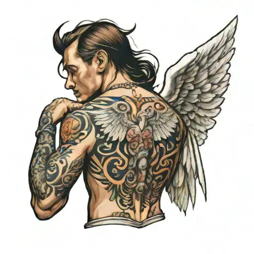Mascular Angel Tattoo On Men Back Tattoo One Side View