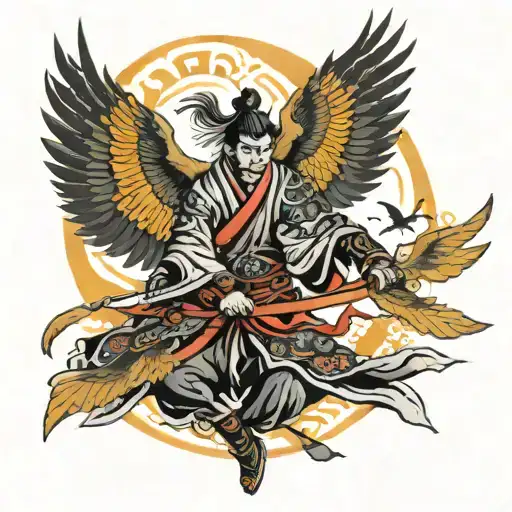 Samurai Against The Background Of Crows With Outstretched Wings In Fantasy Style