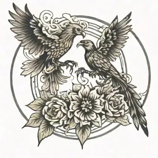 Scorpion Eagle Phoenix Flowers In Circle