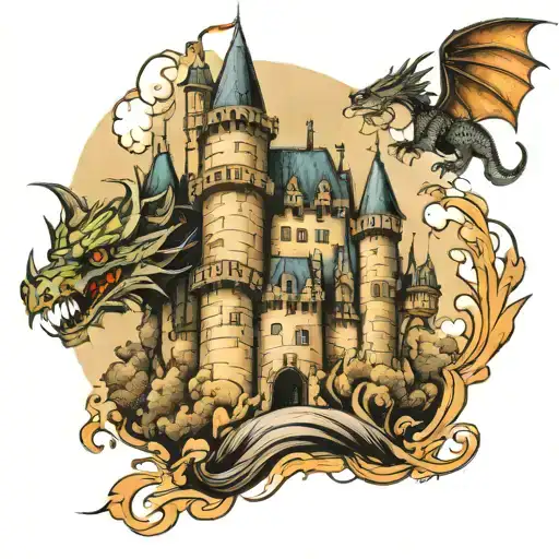 Castle With A Dragon Flying Over It