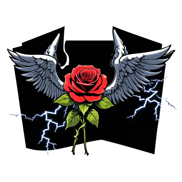 Red Rose With Gothic Wings Protecting It From Storm Clouds And Lightning