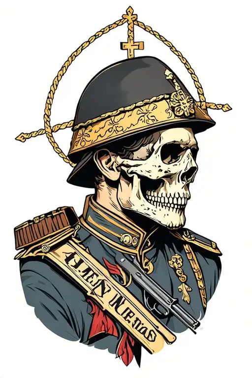 Catholic Soldier With A Neotraditional Skull Tattoo Incorporating Elements Of Shooting