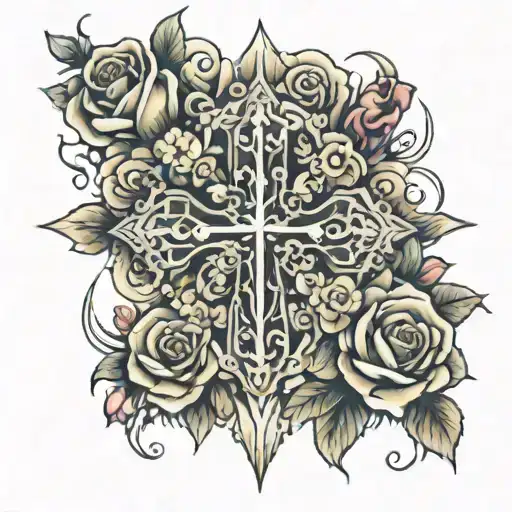 A Spiritual Tattoo Incorporating A Christian Cross Surrounded By Roses And Flowers